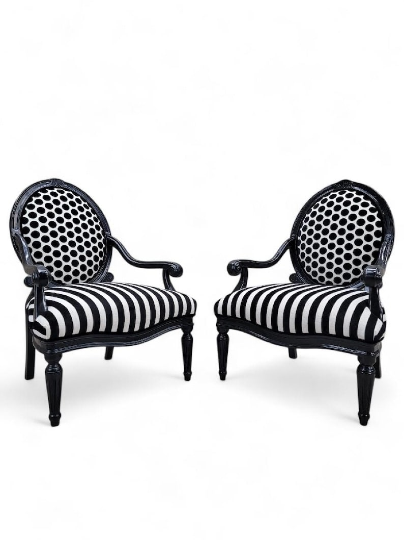 Vintage French Louis Style Chairs Newly Reupholstered - Pair: .Vintage French Louis Style Armchairs Newly Reupholstered in Black & White, Stipe & Polka-Dot Patterned Velvet - Pair With their ebonized frames and traditional French Louis style