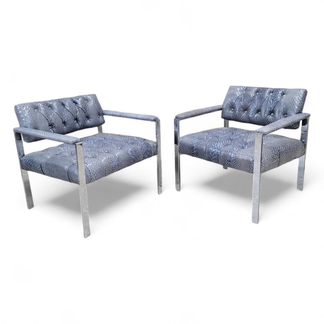 MCM Milo Baughman Style Button Tufted Chairs Newly Reupholstered- Pair - 2