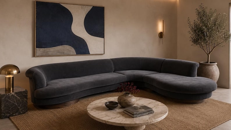 Postmodern Vladimir Kagan Style Serpentine Sectional Sofa by Weiman Newly Reupholstered: Postmodern Vladimir Kagan Style Serpentine 3 Piece Sectional Sofa by Weiman Newly Reupholstered in a Charcoal Alpaca Mohair Velvet Striking postmodern serpentine 3-piece sectional sofa in the style of