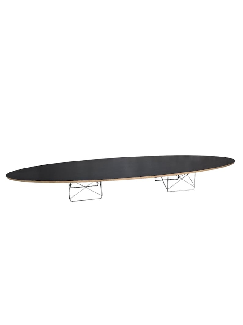 MCM Surfboard Table Herman Miller: .Mid Century Modern Elliptical Surfboard Coffee Tables by Herman Miller for Eames Mid Century Modern Eames Surfboard Coffee Table has a black laminated top with Eiffel metal base. This is perfect as a