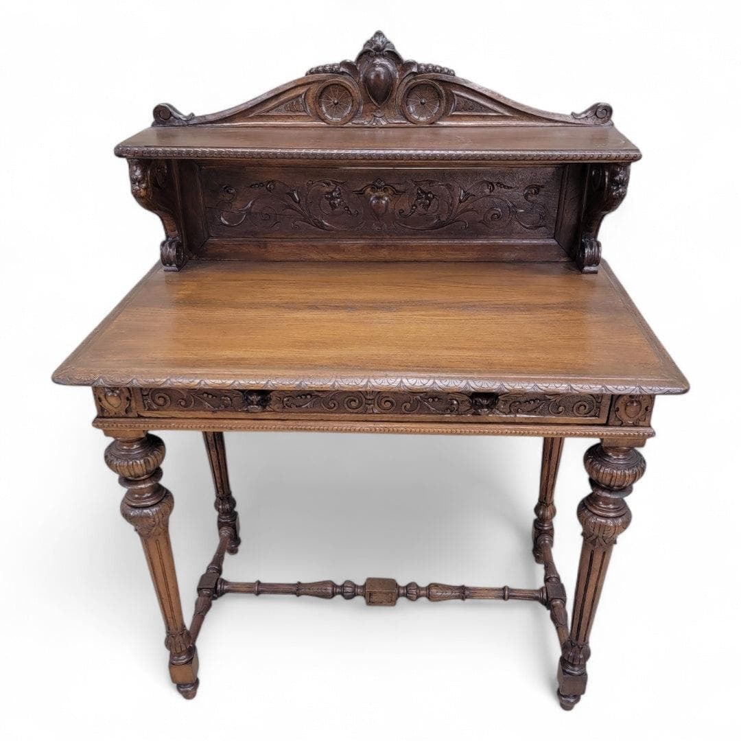 Antique French Carved Oak Petite Writing Desk - 2