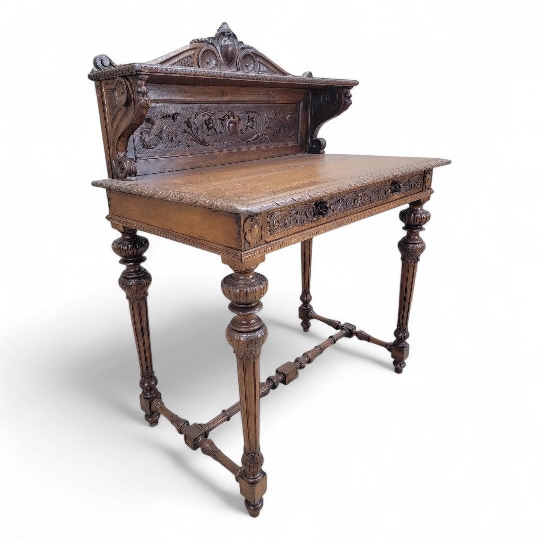 Antique French Carved Oak Petite Writing Desk - 7