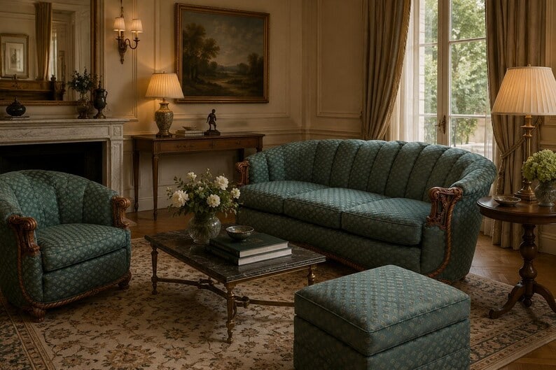 Art Deco Carved Ornate Channel Back Curved 3 Seat Sofa and Lounge Chair with Ottoman for (1 of 8)