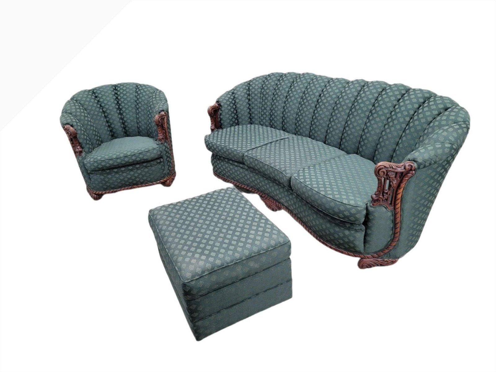 Art Deco Carved Ornate Channel Back Curved 3 Seat Sofa and Lounge Chair with Ottoman for - 3
