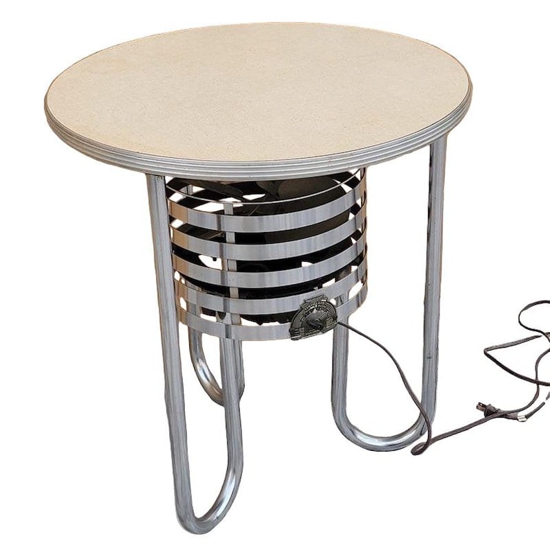 Art Deco Industrial Fan Table by Kisco Company: .Art Deco Industrial Fan Table by Kisco Company Art Deco round chrome fan table by Kisco company. Classic streamline bent-tube design, original wheat Formica top. Kisco circulair three-speed model.