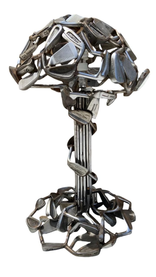 Vintage Hand Forged Tall Golf Club Table Lamp with Silhouette Golf Club Shade: Thank you Vintage Hand Forged Tall Golf Club Table Lamp with Silhouette Golf Club Shade This lamp was forged completely out of stainless steel vintage golf clubs from its base to its shade. It is an