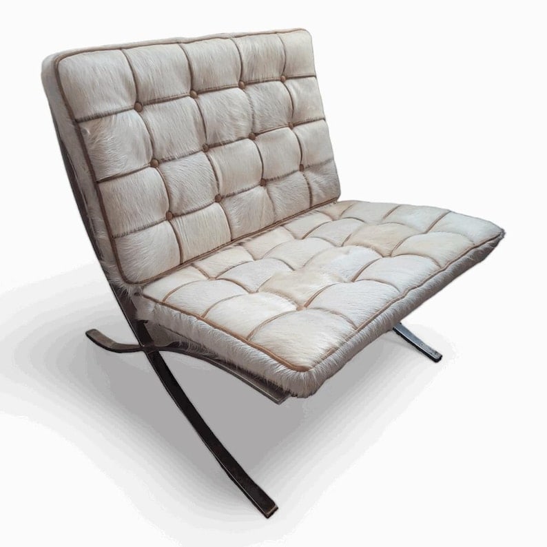 MCM Mies Van Der Rohe for Knoll Barcelona Chair Newly Reupholstered: .Mid Century Modern Original Mies Van Der Rohe for Knoll Barcelona Chair Newly Reupholstered in Natural White Brazilian Hair-On Cowhide with Distressed Cognac Italian Leather TrimThis vintage classic