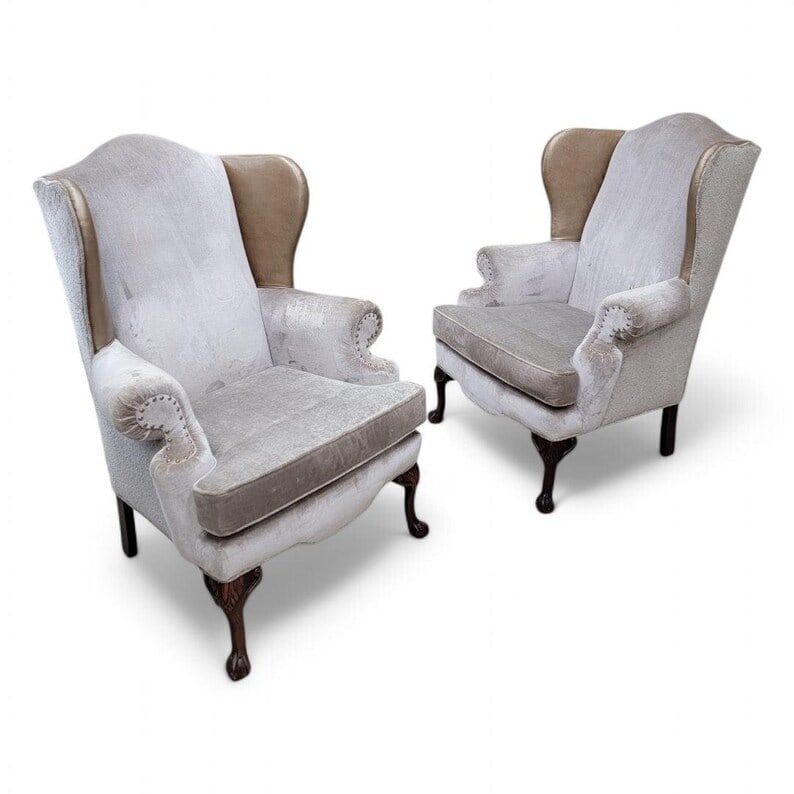 Vintage Queen Anne Style Wingback Lounge Chairs - Pair: Vintage Queen Anne Style Wingback Lounge Chairs in Velvet, Chenille and Leather- Pair Featuring a pair of Queen Anne Style lounge chairs with solid wood wingback frames, carved legs and upholstered