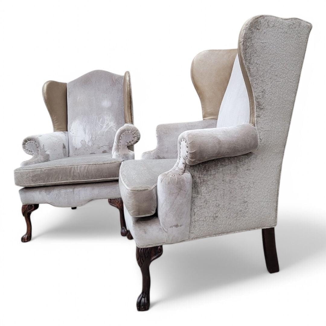 Vintage Queen Anne Style Wingback Lounge Chairs - Pair - 5