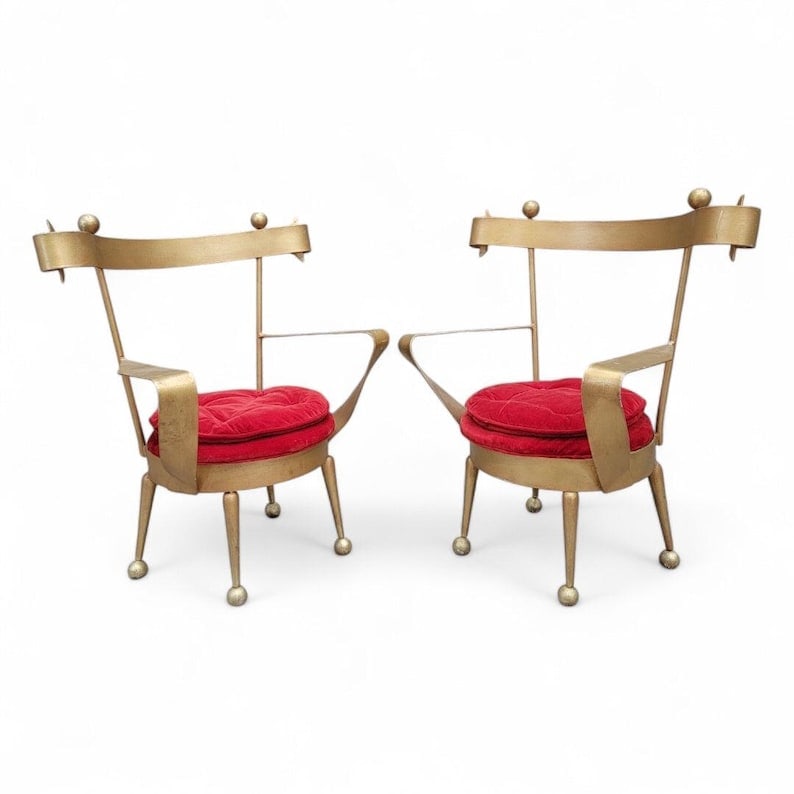 Antique Venetian Gold Forged Iron Vanity Chairs - Pair: .Antique Venetian Gold Forged Iron Vanity Chairs - Pair The chairs feature a original red velvet upholstery that adds a touch of opulence, while the intricately forged iron frames highlight the