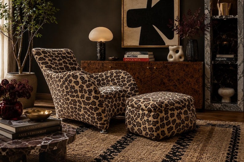 Modern Gerard Van Den Berg for Montis Lounge Chair and Ottoman Newly Reupholstered: .Vintage Modern Gerard Van Den Berg for Montis Lounge Chair and Ottoman Newly Reupholstered in a Giraffe Print Brazilian Cowhide This vintage modern lounge chair and ottoman, designed by Gerard Van