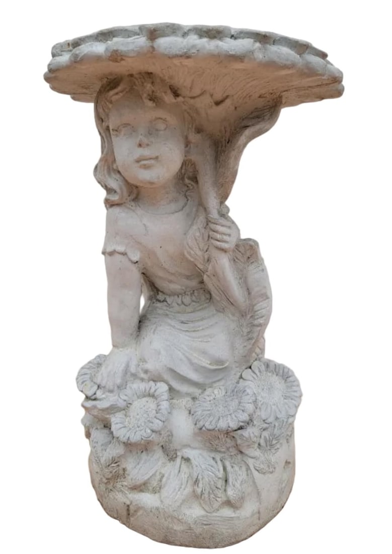 Vintage Figural Birdbath with Child & Sunflower: Vintage Figural Birdbath with Child & Sunflower Charming vintage birdbath featuring a young child holding a large sunflower basin. A whimsical and romantic garden accent, perfect for patios,