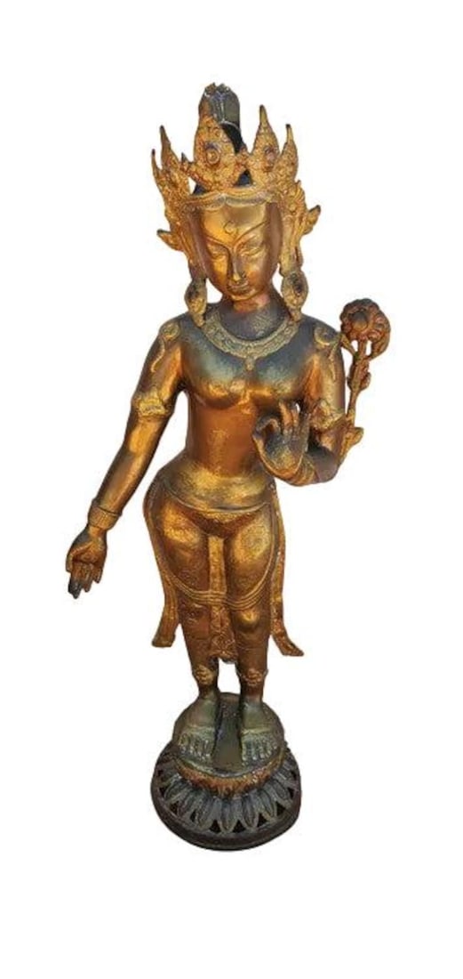 Antique Gilt Bronze Tibetan Hindu Manjurshi Deity Statue: .Antique Gilt Bronze Tibetan 31" Hindu Manjurshi Deity Statue Manjushri is represented in this important gilt Bronze sculpture as the Bodhisattva of Wisdom, identified by the emblem of a prajnaparamit