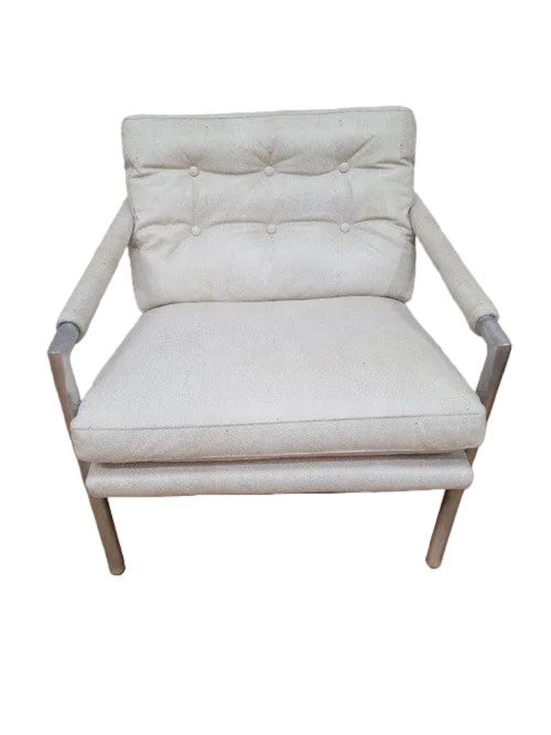 MCM Milo Baughman Chrome Flat Bar Chair Newly Reupholstered: Mid Century Modern Milo Baughman for CY Mann Styled Chrome Flat Bar Chair Newly Upholstered in High End Grey Mohair Furnish your living room with an accent chair, displaying rectangular shaped