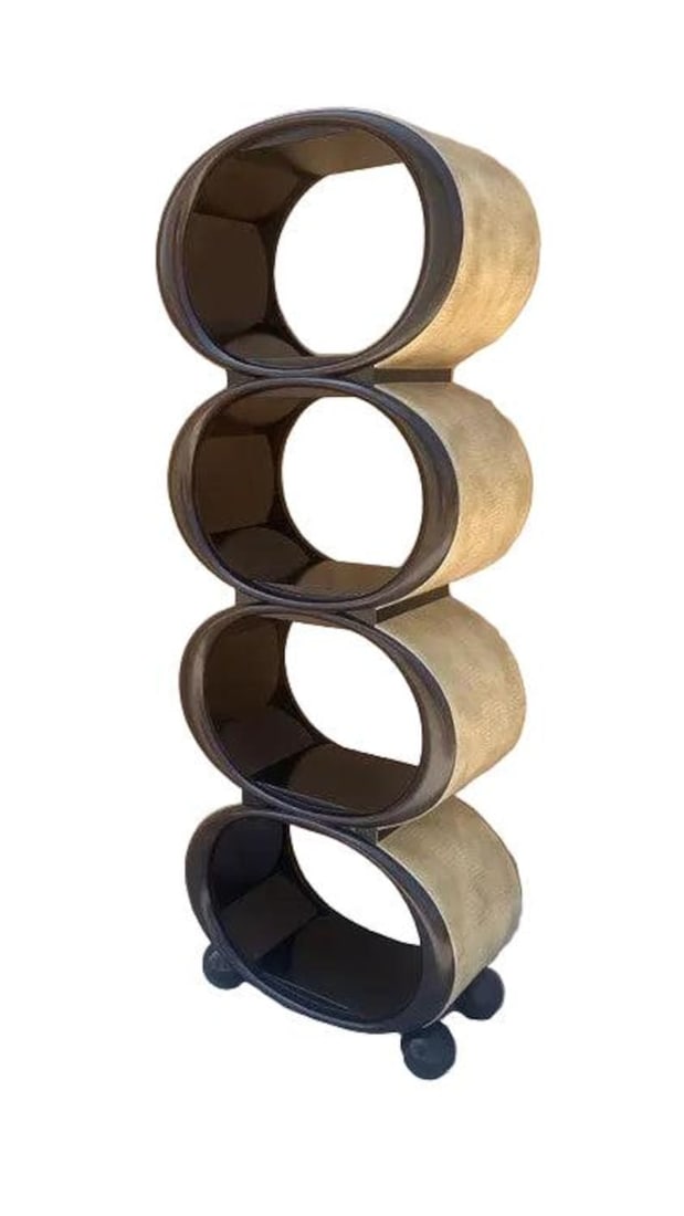 Hollywood Regency Snake Embossed Leather Etagere Shelving Unit: .Vintage Hollywood Regency Custom Espresso Crème Snake Embossed Leather and Mahogany Oval Stacked Etagere This unique, vintage, custom etagere has stood the test of time. This was custom designed