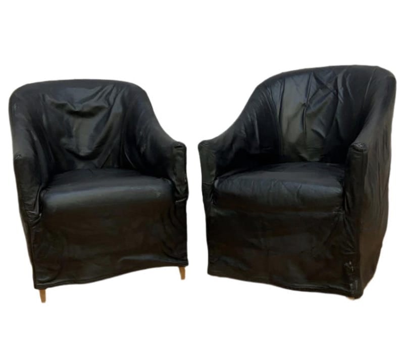 Vintage Black Italian Draped Leather Barrel Back Club Chairs by Neidermier - Pair: Vintage Mario Bellini Style Custom Fitted Black Italian Draped Leather Barrel Back Club Chairs by Niedermaier - Pair Chic Raw Cut Full-Grain Black Italian Leather Custom Fitted with Precious Stitching