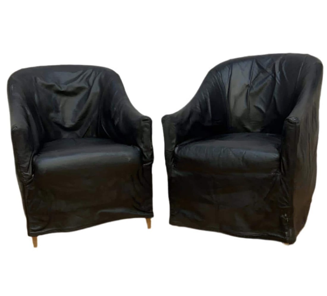 Vintage Black Italian Draped Leather Barrel Back Club Chairs by Neidermier - Pair - 2