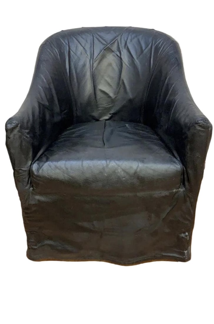 Vintage Black Italian Draped Leather Barrel Back Club Chairs by Neidermier - Pair - 4