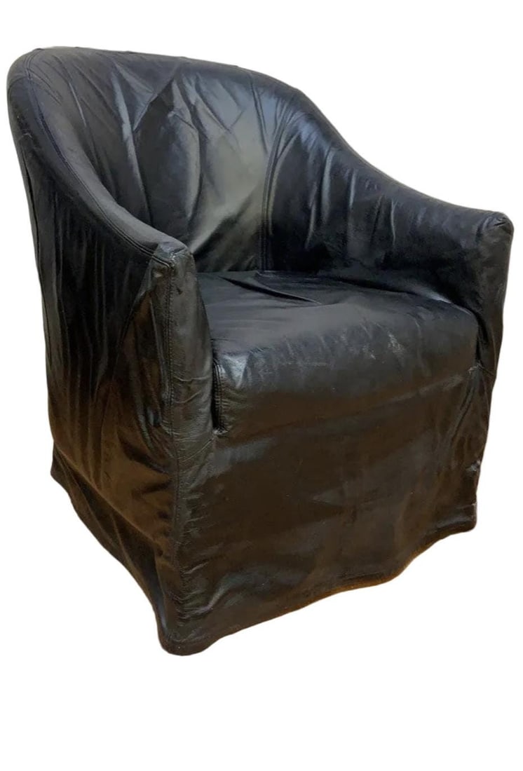 Vintage Black Italian Draped Leather Barrel Back Club Chairs by Neidermier - Pair - 5