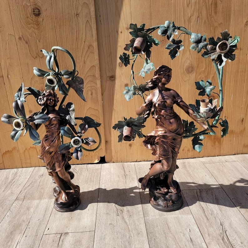 Antique French Art Nouveau Auguste Moreau Style Figural Spelter Lamp "Nuit De Printemps" Or "Spring (1 of 8)
