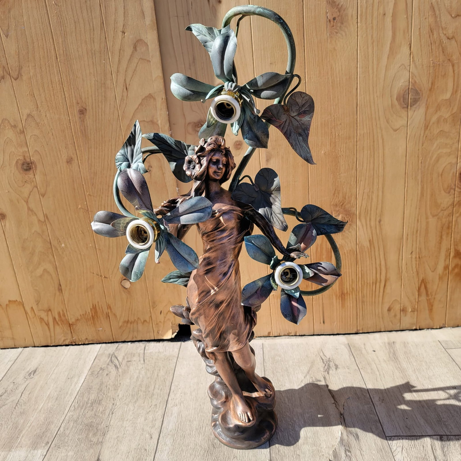 Antique French Art Nouveau Auguste Moreau Style Figural Spelter Lamp "Nuit De Printemps" Or "Spring - 5