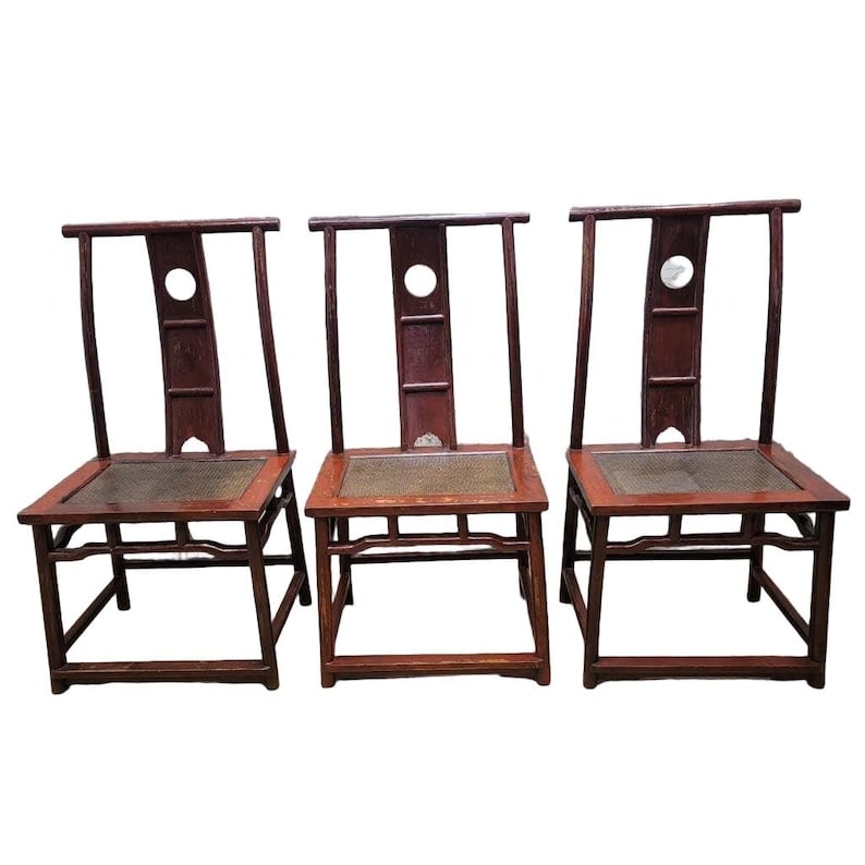 Antique Shanxi Province Red Lacquer Elm Side Chairs - Set of 3 (1 of 7)
