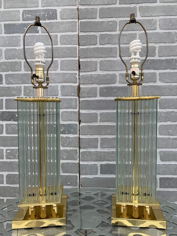 Mid Century Gaetano Sciolari Brass and Glass Rods Table Lamps - Pair - 2