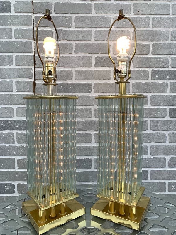 Mid Century Gaetano Sciolari Brass and Glass Rods Table Lamps - Pair - 3