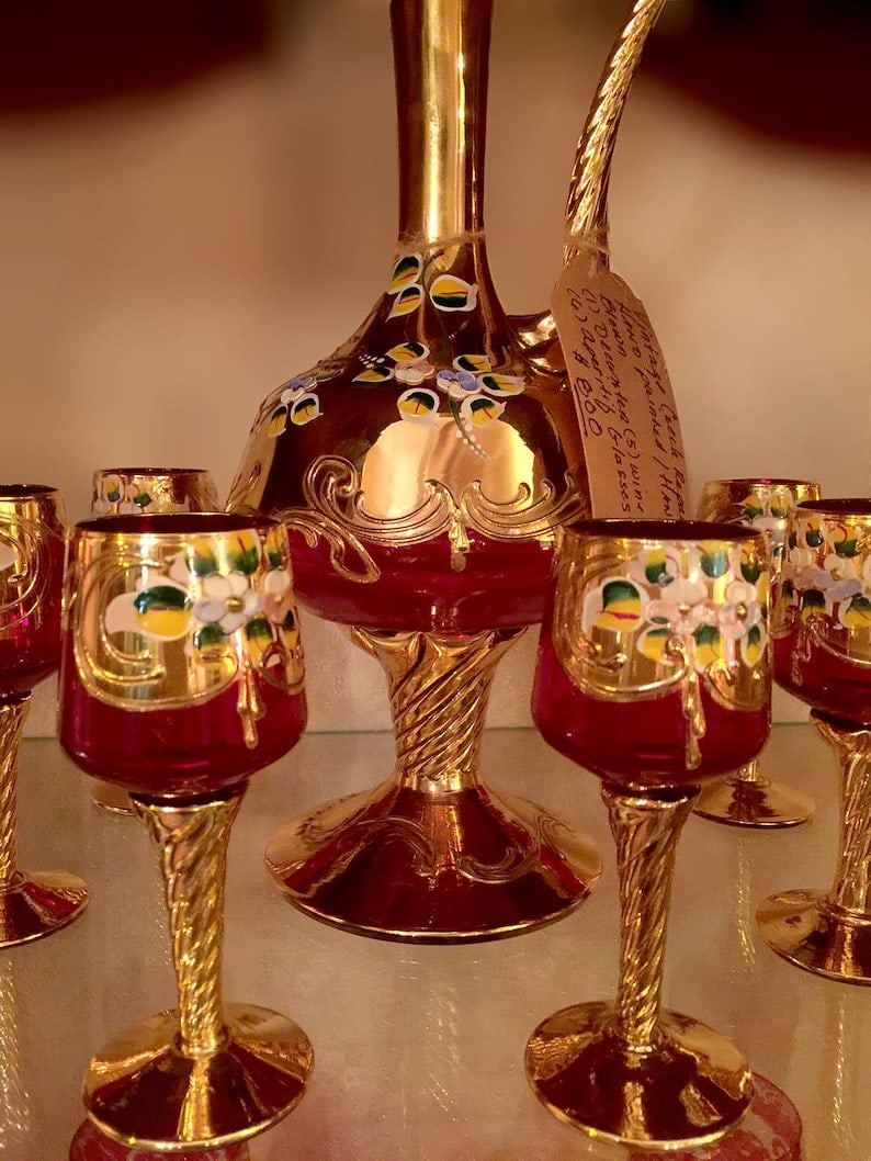 Vintage Czech Republic Hand Painted Decanter and Glasses - 12 Piece Set (1 of 8)