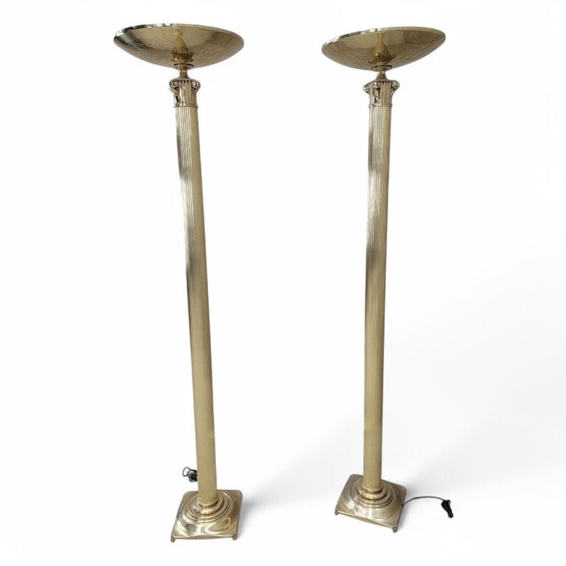 Art Deco Rembrandt Brass Corinthian Column Torchiere Floor Lamp - Pair (1 of 8)