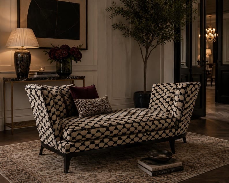 Vintage Geneva Tete-a-Tete Chaise Lounge by Donghia Newly Reupholstered: Vintage Oversized Geneva Tete-a-Tete Chaise Lounge by Donghia Custom Upholstered in Plush "Black & Gold" Designer Bow-Tie Patterned Chenille This Donghia chaise lounge with a six legged base would be