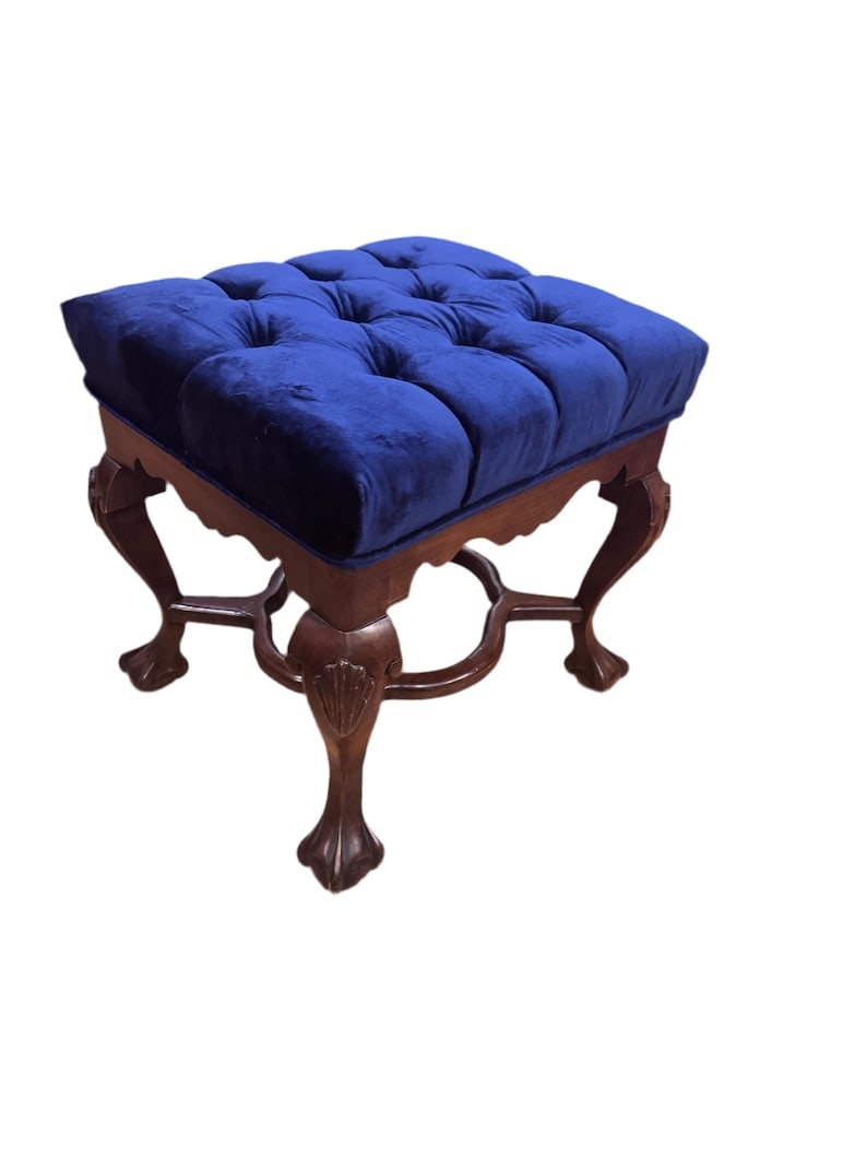 Antique Chippendale Style Tufted Ottoman Newly Reupholstered: .Antique Mahogany Chippendale Tufted Ottoman Newly Reupholstered in High End Italian Royal-Blu Silk Velvet Circa Early 20th Century Dimensions: H 20” W 19” D 17” CONDITION: Please