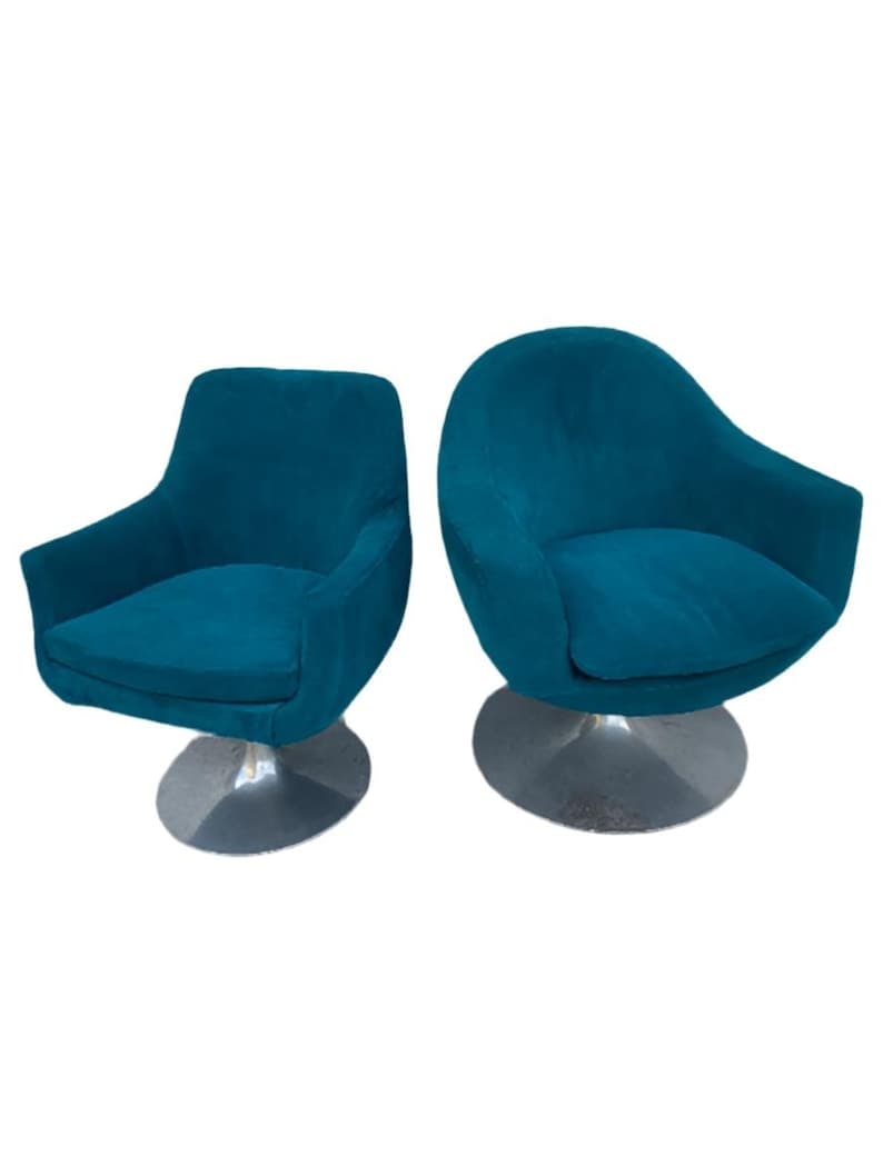 Mid Century Modern Aluminum Swivel Tulip Base Side Chairs Newly Upholstered in Teal Suede - Set of 2: Thank you Mid Century Modern Aluminum Swivel Tulip Base Side Chairs Newly Upholstered in High End Holly Hunt Teal Suede - Set of 2 We acquired these chairs at a mid century modern sale in NC. The sell
