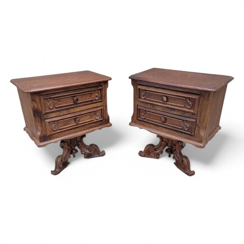 Antique American Empire Carved Side Chests - Pair: Antique American Empire Carved Walnut 2 Drawer Pedestal Base Side Chests - Pair Crafted from rich walnut, these chests showcase intricate carvings that reflect the elegance of the Empire style, making