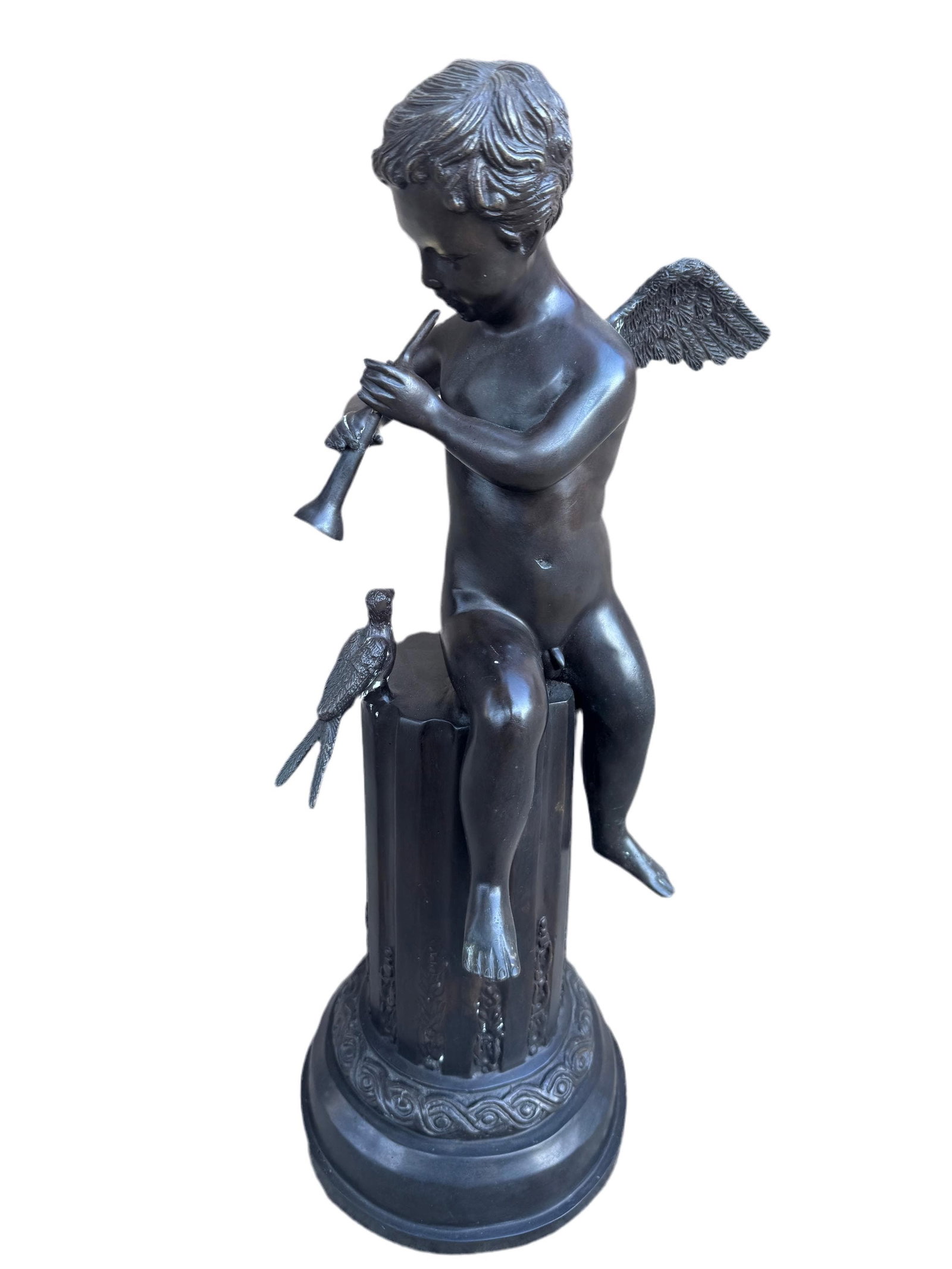Antique Bronze Cherub on Pedestal Playing The Flute Sculpture - 2