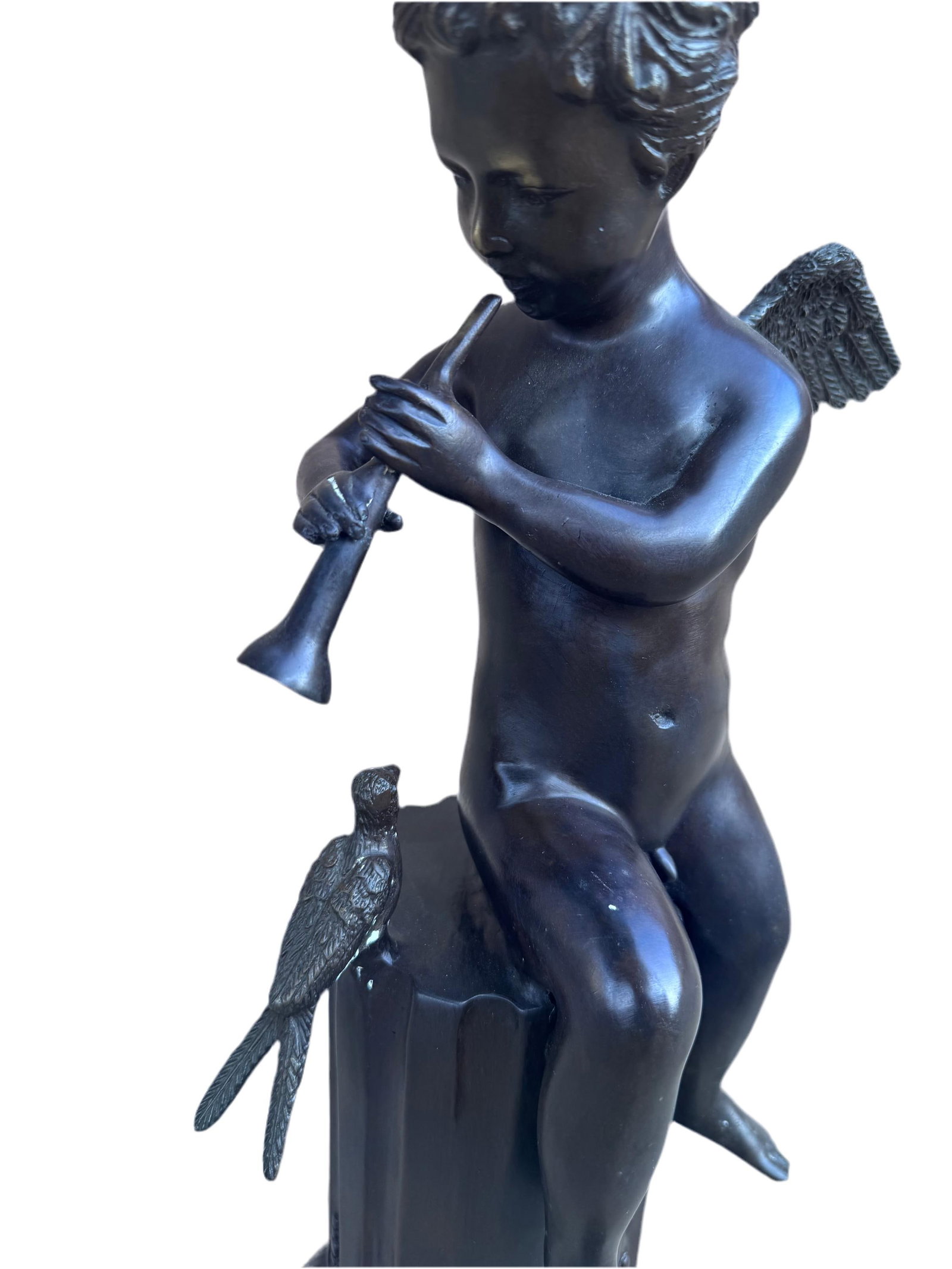 Antique Bronze Cherub on Pedestal Playing The Flute Sculpture - 8