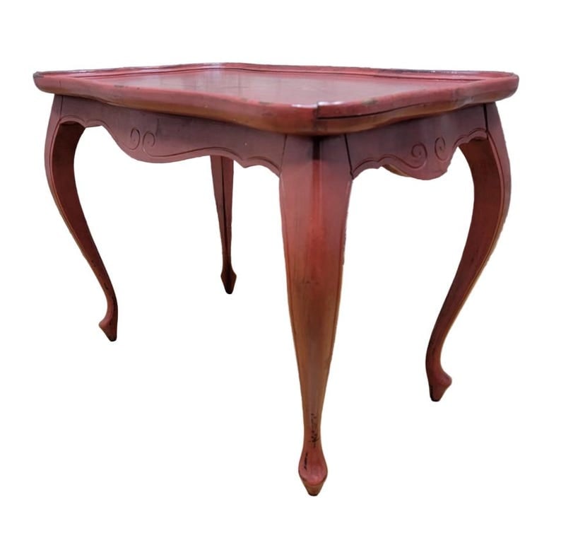 Vintage French Provincial Style Red Painted Oak Side Table: .Vintage French Provincial Style Red Painted Oak Side Table Vintage French Provincial style oak side table featuring a red hand-painted finish with original patina. Made in North Carolina, USA, with c