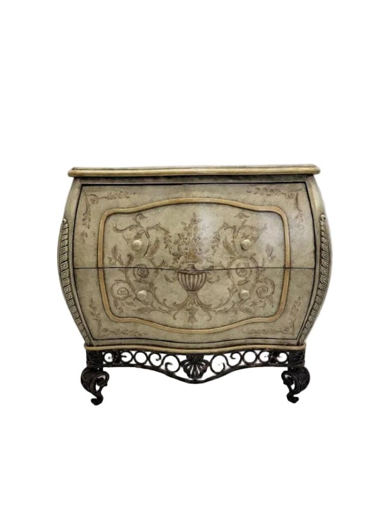 Vintage Italian Venetian Style Bombe Chest by Collezione Europa: .Vintage Italian Venetian Style Hand Painted & Lacquered with Wrought-Iron Base Bombe Chest by Collezione EuropaBeautiful vintage Italian venetian designed 2 drawer bombe chest. This pretty &