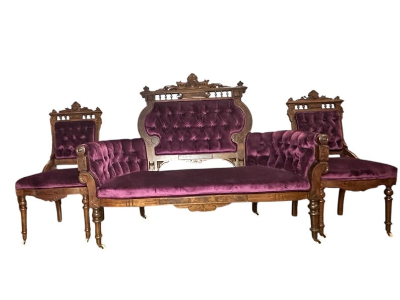 Antique Victorian Eastlake Style 3 Piece Carved Ornate Parlor Set Newly Reupholstered (1 of 8)