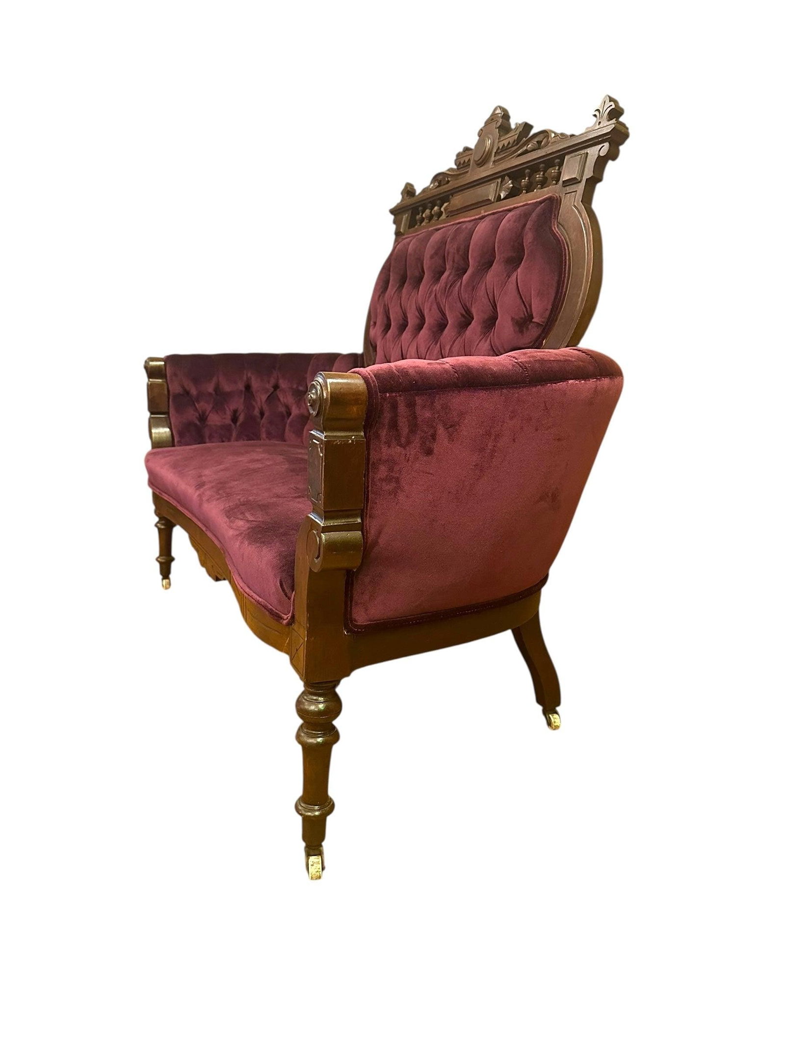 Antique Victorian Eastlake Style 3 Piece Carved Ornate Parlor Set Newly Reupholstered - 3