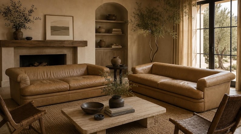 Vintage Distressed Rolled Arm Sofas by A. Rudin with Custom Pillows - Pair: Vintage Modern Oversized Distressed Full Grain Cognac Leather Rolled Arm Sofas by A. Rudin with Custom Pillows - Pair Vintage Oversized Set Of Deep Down-Filled Full Grain, Naturally Patinated, Distres