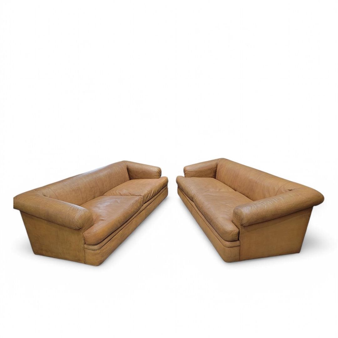 Vintage Distressed Rolled Arm Sofas by A. Rudin with Custom Pillows - Pair - 4