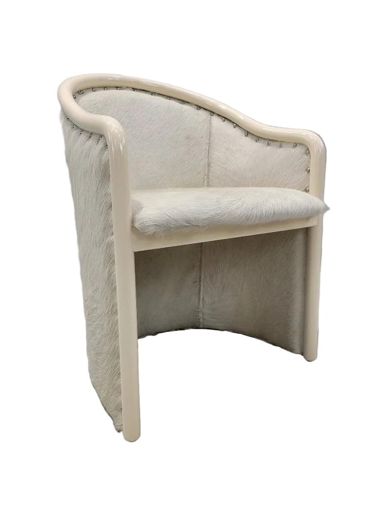 Vintage Italian Barrel Back Occasional Chair by Tonon Newly Reupholstered: .Vintage Italian Refinished Cream Lacquer Barrel Back Occasional Chair by Tonon Newly Reupholstered in Buttercream Brazilian Cowhide with Nailhead Trim Finish We completely refurbished this Tonon