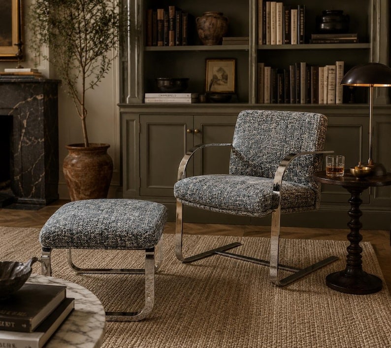 MCM Milo Baughman Chrome Chair and Ottoman: Mid Century Modern. Milo Baughman Chrome Sculptural Cantilever Armchair and Ottoman in a Sea-Foam Creme Velvet Chenille - Set of 2 Fabulous Mid Century Modern Sculptural Chrome Framed Plush