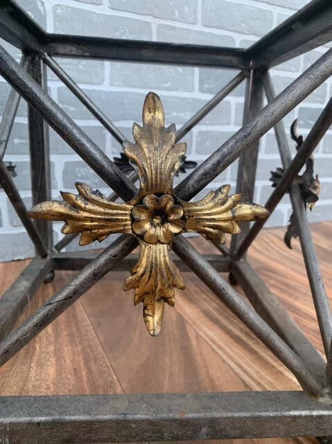 Vintage Forged Wrought Iron Side Tables with Gilded Leaf Motif and Glass Tops - Pair - 8