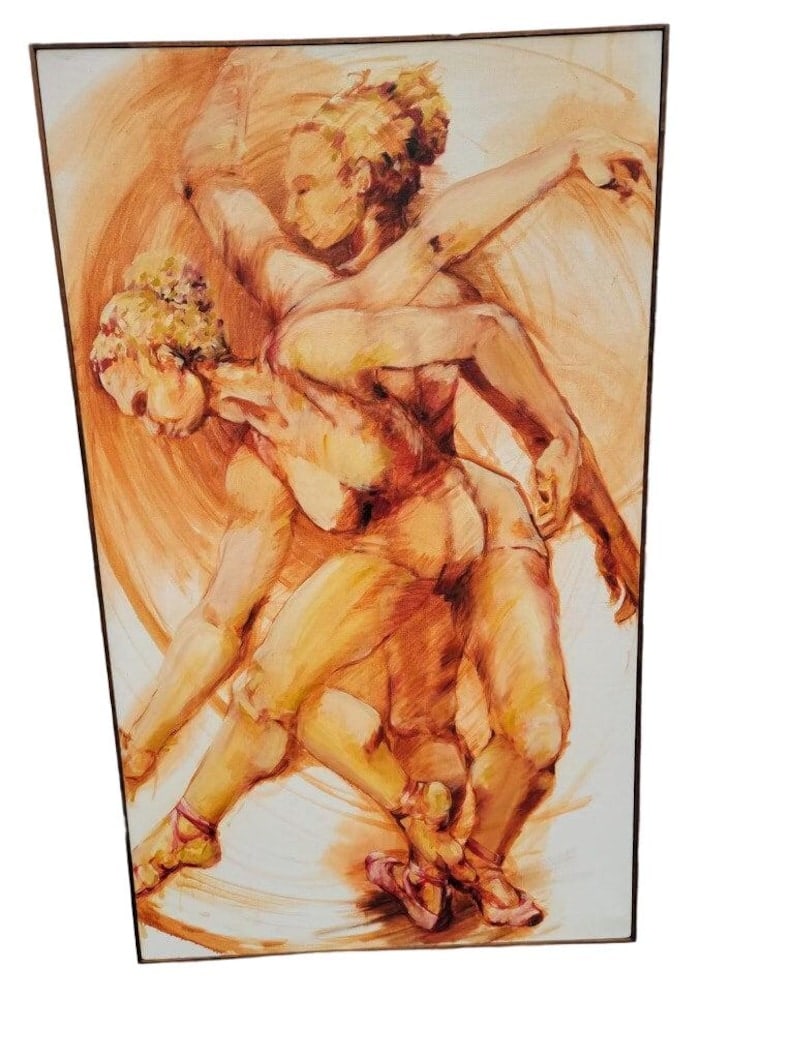 Vintage Oil Painting of Ballet Dancers: Vintage Figural Oil Painting of Ballet Dancers - Wall Art This monochromatic oil painting captures the graceful movement of ballet dancers. The disciplined and dynamic motions depicted in neutral