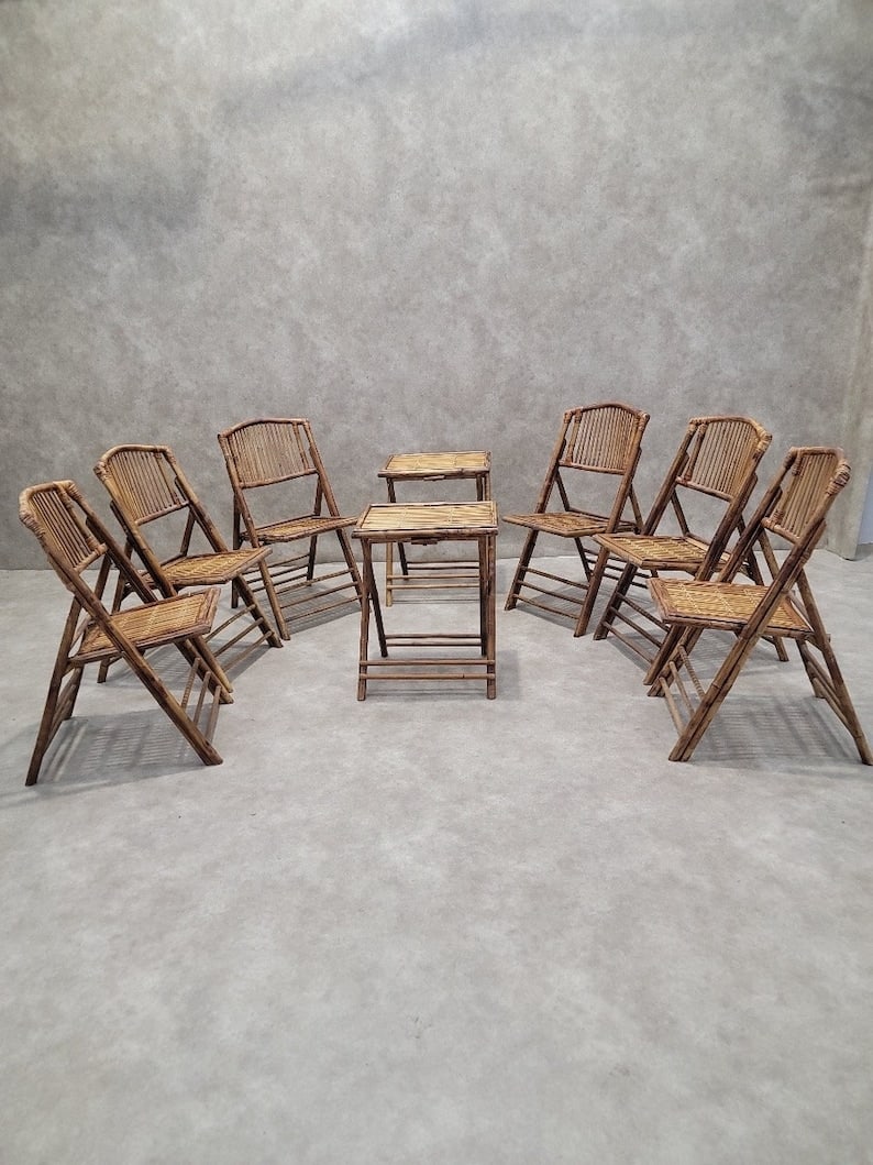 MCM British Colonial Style Bamboo Folding Chairs with 2 Side Tables (1 of 8)