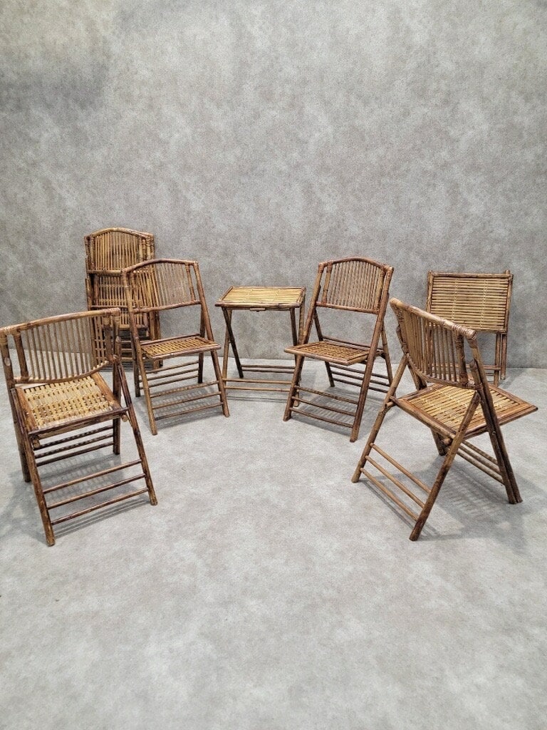 MCM British Colonial Style Bamboo Folding Chairs with 2 Side Tables - 4