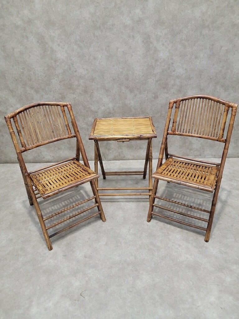 MCM British Colonial Style Bamboo Folding Chairs with 2 Side Tables - 5