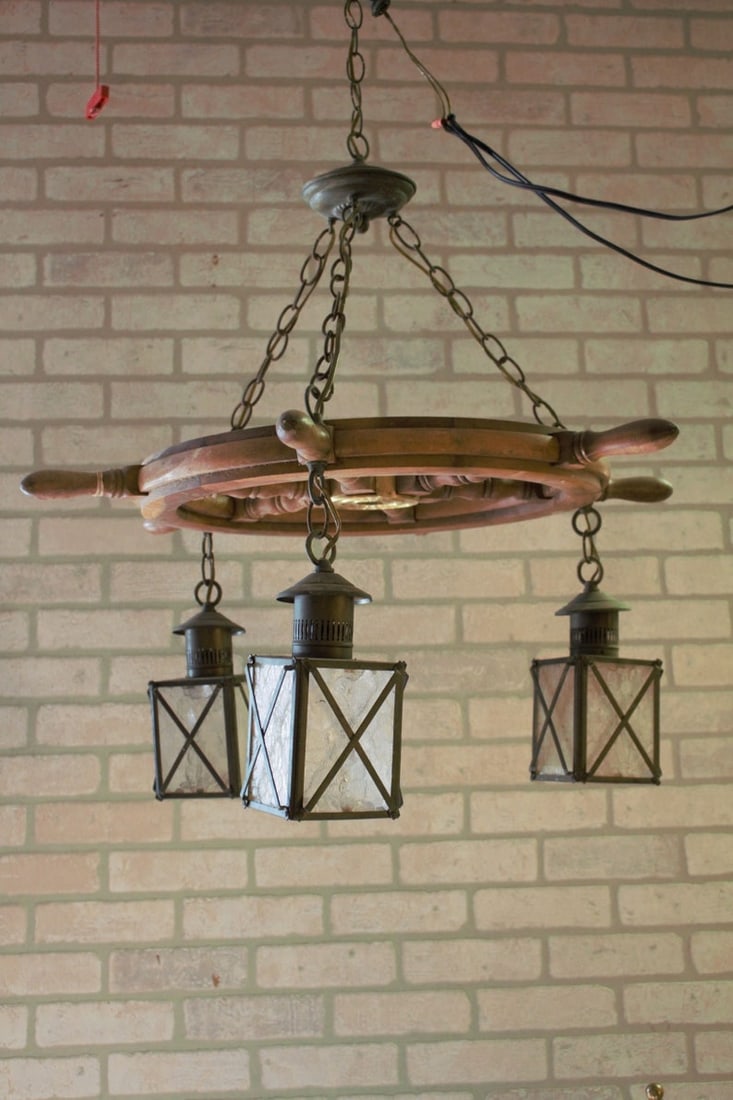 Vintage Nautical Ship Wheel Chandelier with Three Lanterns (1 of 8)